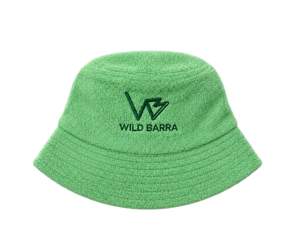 Lime Green bucket hat with 'Wild Barra' logo on a lime green background